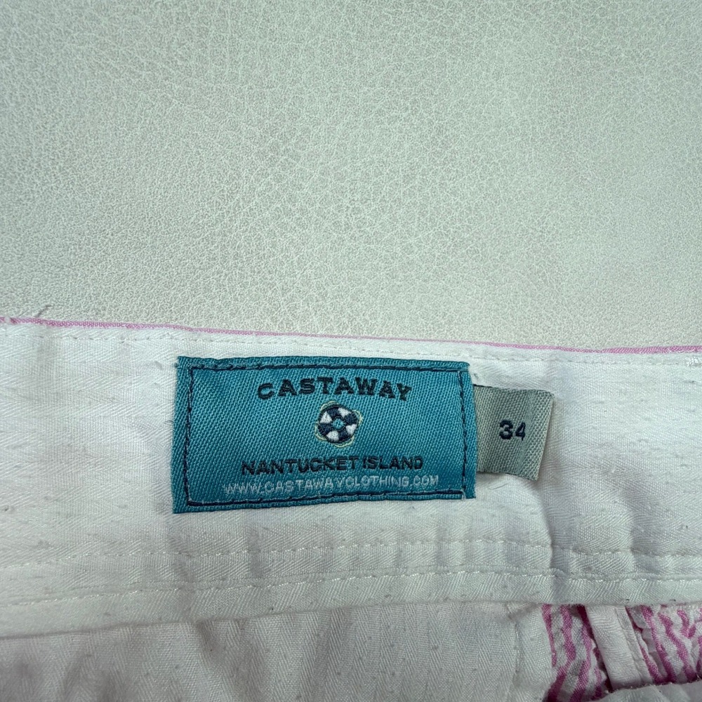 Castaway Nantucket Island Mens 34 Pink White Seersucker Striped Chino Shorts - Picture 2 of 10